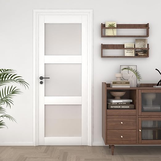 24"x 80" Slab Door, 3-Lite Frosted Glass Interior French Door Slab, Solid Core Wood Panel, for Pantry Laundry Bathroom Closet Office, White Primed Surface Paintable w/o Hardware