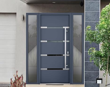 VDOMDOORS Front Exterior Prehung Steel Door 64 (36" + 2x14 Sidelite) x 80 Left-Hand Inswing/Deux 1105 Gray Graphite / 2 Side Exterior Windows