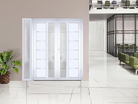 VDOMDOORS Front Exterior Prehung Metal-Plastic Double Doors/MANUX 8088 White Silk/Sidelite Exterior Window / 88" x 80"