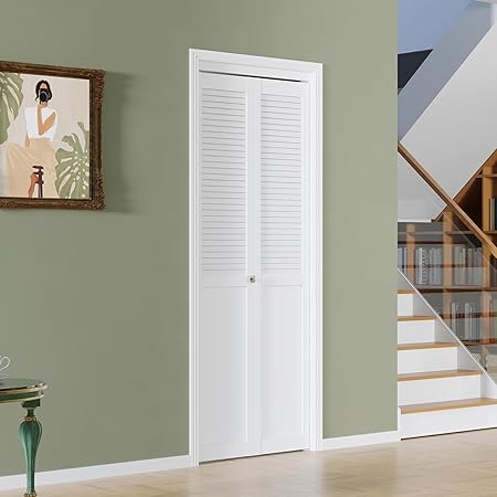 BARNER HOME Half Louvered Bi-Fold Door, Fits 24" x 80" Standard Openings, White Folding Closet Door with Hardware Kit, Ventilated Top MDF 2 Panels, Ideal for Laundry, Bedroom, or Pantry
