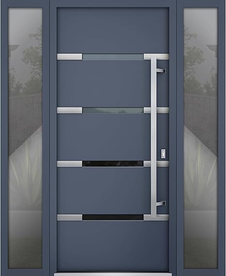 VDOMDOORS Front Exterior Prehung Steel Door 64 (36" + 2x14 Sidelite) x 80 Left-Hand Inswing/Deux 1105 Gray Graphite / 2 Side Exterior Windows