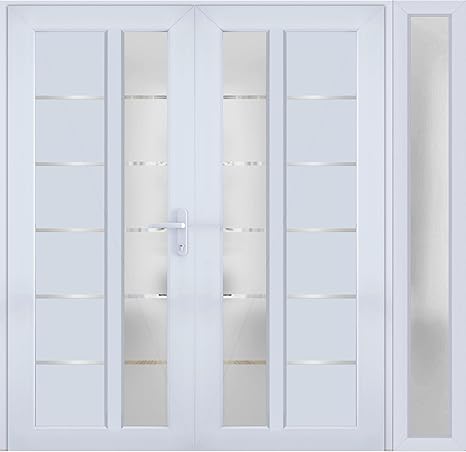 VDOMDOORS Front Exterior Prehung Metal-Plastic Double Doors/MANUX 8088 White Silk/Sidelite Exterior Window / 88" x 80"
