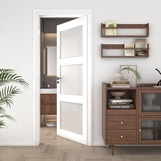 24"x 80" Slab Door, 3-Lite Frosted Glass Interior French Door Slab, Solid Core Wood Panel, for Pantry Laundry Bathroom Closet Office, White Primed Surface Paintable w/o Hardware
