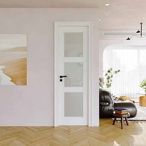 24"x80" CARB P2 Solid Core & Pre-Finished Thick SGCC Frost Glass Doors, Interior Door for Bedroom, 3-Panel Pre-Built Wood Panel w/o Prehung Jamb, Wood Door for Office, Barn Doors