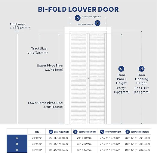 Louver Closet Door, Half-Panel Bi-Fold Doors for 24in×80in Opening, Finished Interior Door Slab, Folding Doors with Hardware, MDF&PVC, White